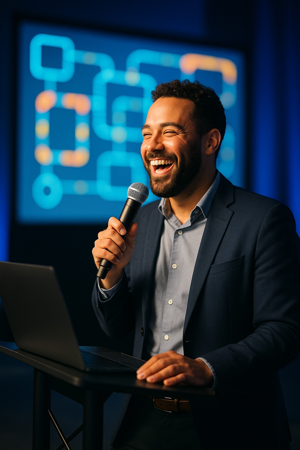 An MC with a microphone running the console at a corporate event